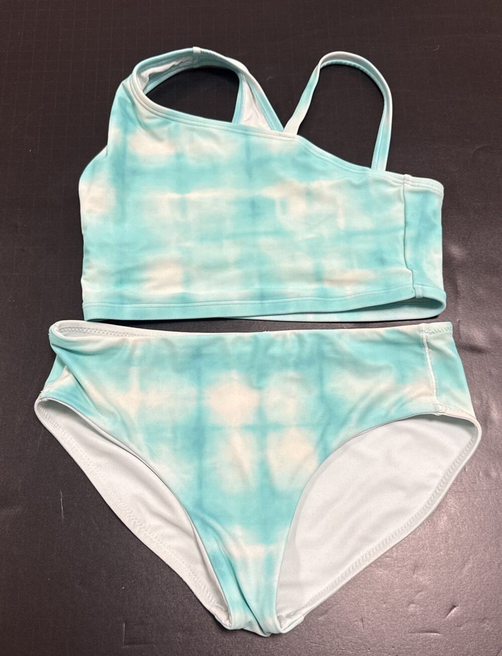 Athleta Girl Large L 12 Two Piece One Shoulder Top Swim Suit Bali Blue Tie Die